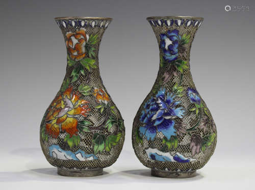 A pair of Chinese plated copper filigree and enamel vases, 20th century, of pierced baluster form,