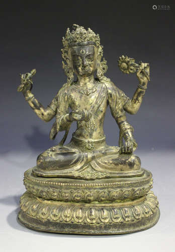 A Sino-Tibetan bronze figure of a four-armed bodhisattva, probably late Qing dynasty, modelled