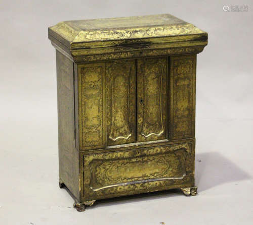 A Chinese Canton export lacquer cabinet, early 19th century, decorated all-over with gilt figural