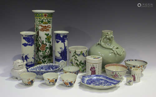 A collection of Chinese porcelain, 18th century and later, including a famille verte cylinder