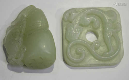 Two Chinese pale celadon jade pendants, late 19th/20th century, the first carved in the form of a