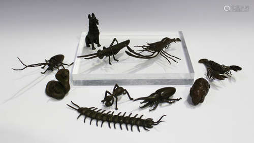 A group of ten South-east Asian brown patinated bronze figures of various insects and animals,