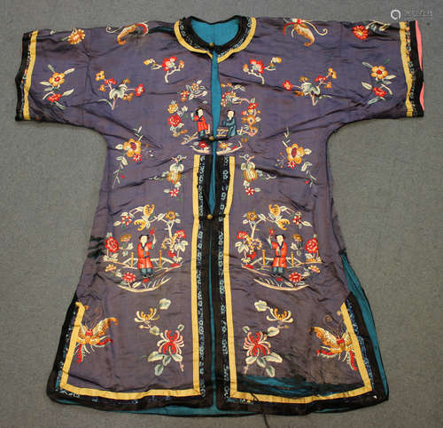 A Chinese blue silk embroidered jacket/short robe, early 20th century, worked in coloured threads