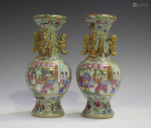 A pair of Chinese Canton famille rose enamelled celadon ground porcelain vases, mid to late 19th