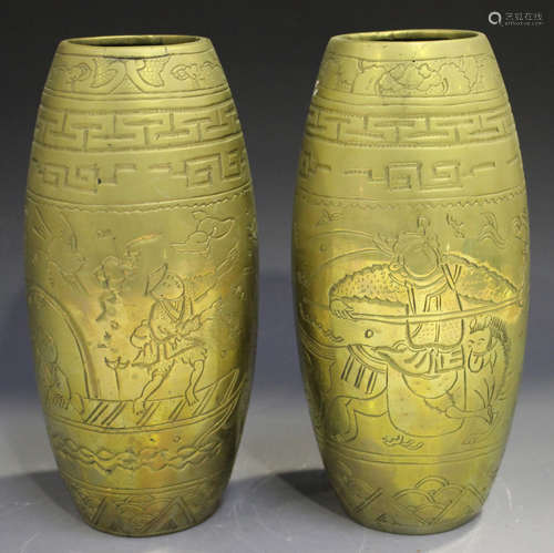 A pair of Chinese brass vases, mark of Xuande but 20th century, each of swollen cylindrical form,