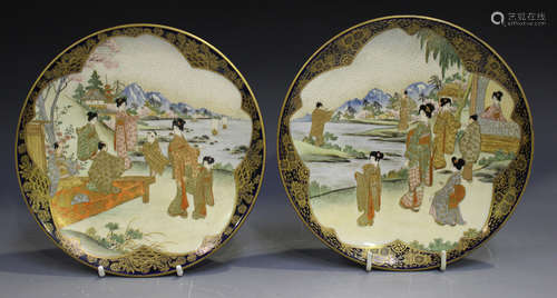 A pair of Japanese Satsuma earthenware side dishes, Meiji period, each painted and gilt with a scene