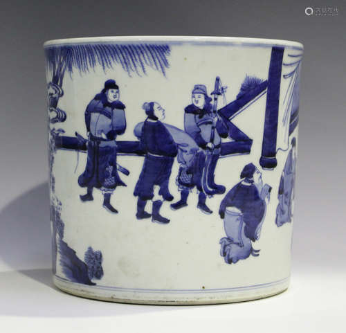 A Chinese blue and white porcelain brush pot, mark of Kangxi but later, the cylindrical body painted