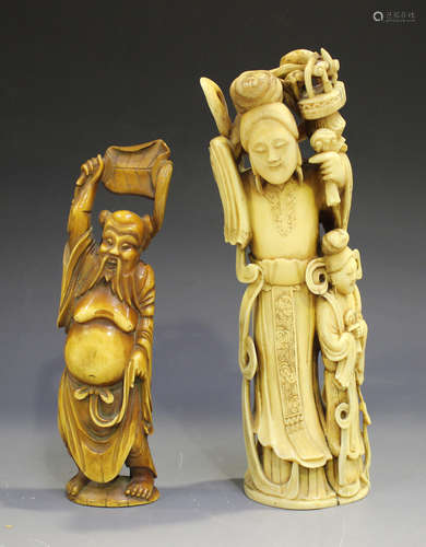 Two Chinese marine ivory carvings, late Qing dynasty, one carved and pierced with a maiden and