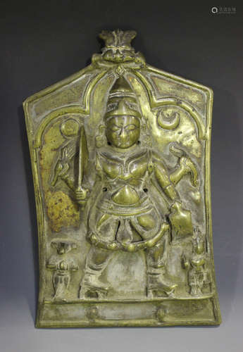 An Indian bronze Shiva plaque, 18th century, cast in relief with the standing deity, height 21cm.