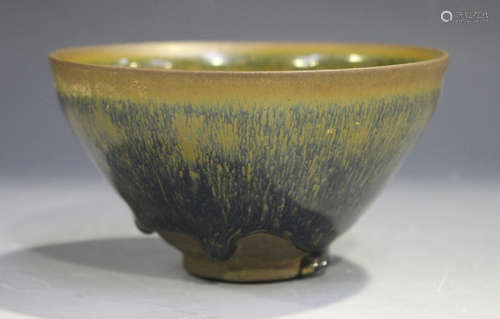 A Chinese brown 'hare's fur' glaze pottery bowl, Song dynasty style but later, the circular tapering