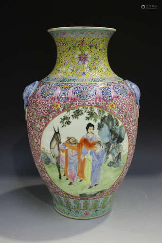 A Chinese famille rose porcelain vase, mark of Qianlong but 20th century, the ovoid body painted