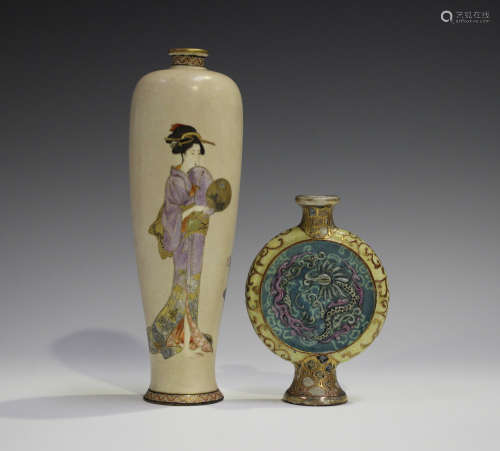 A Japanese Satsuma earthenware vase, Meiji period, of slender tapering form, painted and gilt with a