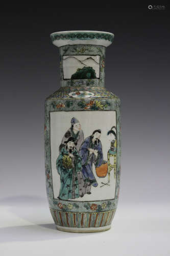 A Chinese famille verte porcelain rouleau vase, Kangxi style but late 19th century, painted with