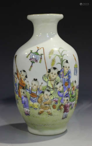 A Chinese famille rose porcelain vase, mark of Qianlong but probably Republic period, the ovoid body