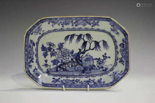 A Chinese blue and white export porcelain meat dish, Qianlong period, painted with a fenced garden