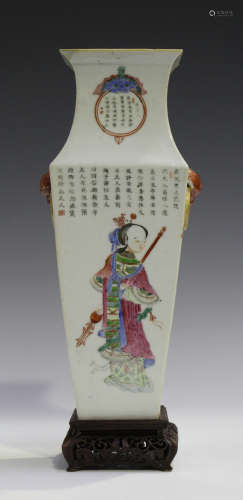 A Chinese famille rose porcelain vase, mid-19th century, of square baluster form, each side