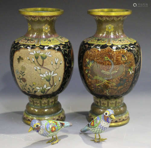 A pair of Japanese cloisonné vases, 20th century, each of shouldered ovoid form with flared neck,