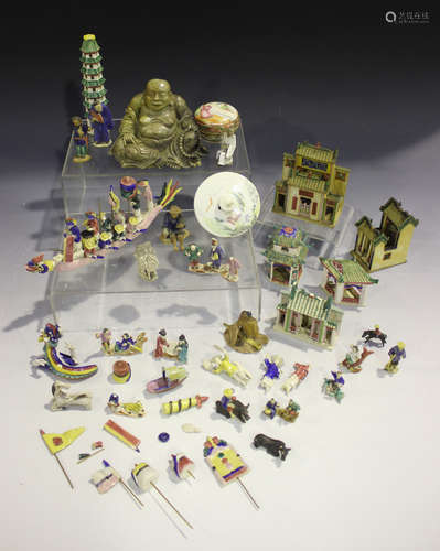 A collection of Chinese pottery miniature figures and ornaments, early 20th century, including