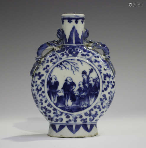 A Chinese blue and white porcelain moonflask, late 19th century, painted with opposing figural