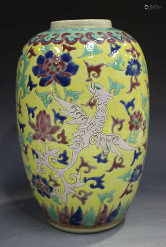 A Chinese famille rose and yellow enamelled porcelain vase, mark of Yongzheng but late Qing dynasty,