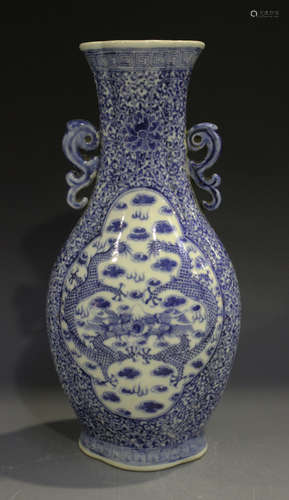 A Chinese blue and white porcelain vase, mark of Kangxi but probably 20th century, of quatrelobed