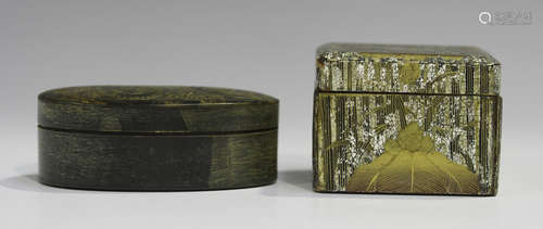 A Japanese lacquer square box and cover, Meiji period, painted and gilt with paulownia leaves on a