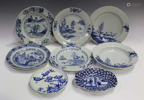 A group of six Chinese blue and white export porcelain plates, 18th century, all painted with a