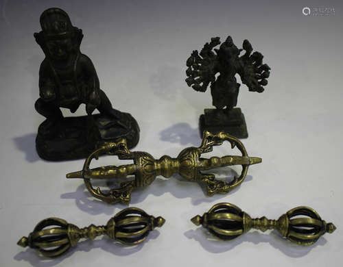 A group of three Tibetan bronze vajra, late 19th/20th century, each end of crown form, comprising