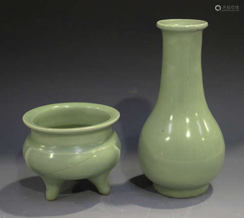 A Chinese celadon glazed vase of low-bellied form with tapered neck, height 19.4cm, together with