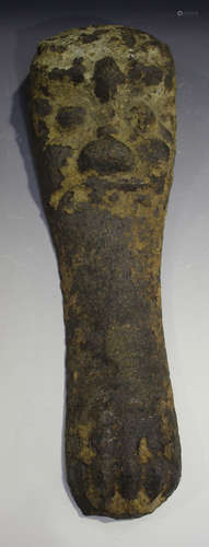 A Chinese cast iron censer leg, probably Han dynasty (206 BC-220 AD), with mask shoulder and paw