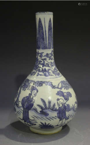 A Chinese Ming blue and white porcelain bottle vase, mark of Wanli and probably of the period, the