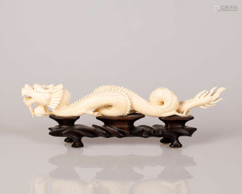 Old Chinese Bone Sculpture Dragon Figure on Matching Wooden Stand