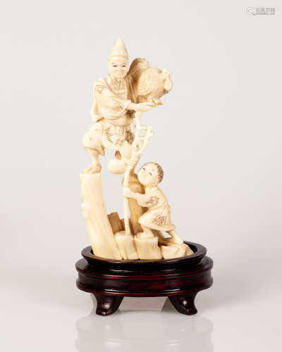Old Chinese Bone Sculpture Farmer w/ His Son Holding a Chicken on a Stand