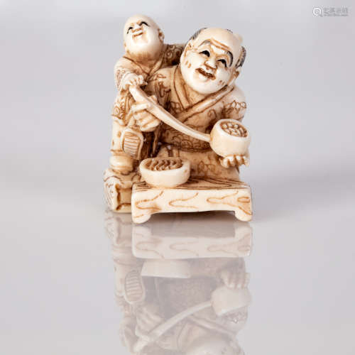 Old Bone Netsuke Father w/ His Son Dining