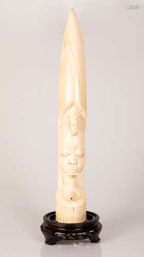 African Bone Tusk Man w/ Beard Figure on Wooden Stand