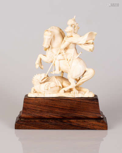 European Bone Sculpture Warrior on Horse Fighting a Dragon