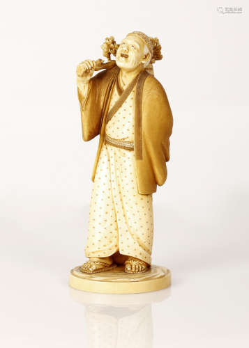 Japanese Meiji Okimono Bone Sculpture Old Man Holding a Branch & Basket