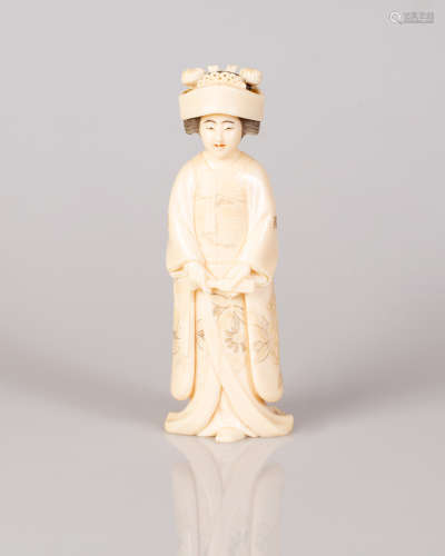 Old Japanese Bone Sculpture Geisha Dressed in Kimono by Japanese Tradition