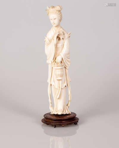Old Chinese Sculpture Girl Holding a Flower Basket