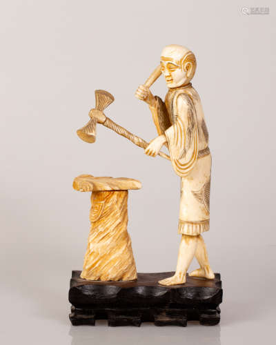 Bone Sculpture Man Holding a Machete & Axe on Wooden Stand