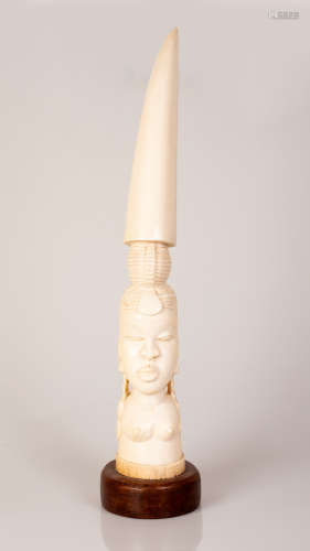Full African Bone Tusk Bare-Breasted Girl Figure on Wooden Stand