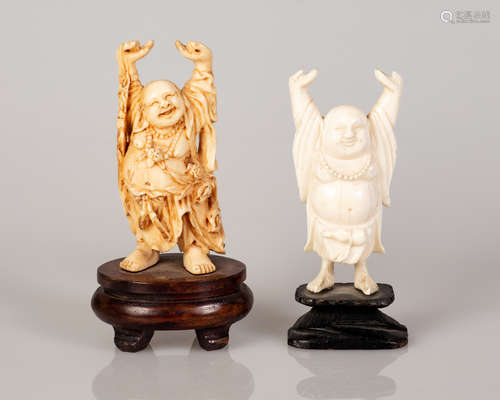 Lot of 2 Japanese Bone Statuettes Hotei God of Luck on Wooden Stand