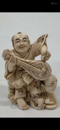 Old Bone Netsuke Two String Players Sitting One on The Other's Back