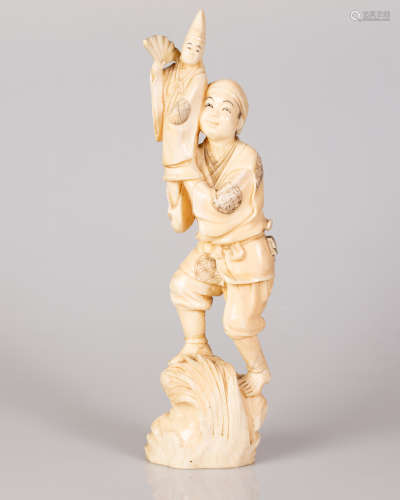 Marine OKIMONO Bone Sculpture Boy Holding a Doll Figure