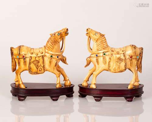 Pair of Bone Horses Set w/ Colorful Gemstones on Matching Wood Stand