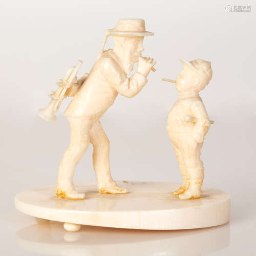 European Bone Statuette Scene Trumpet Player & His Son Playing Around