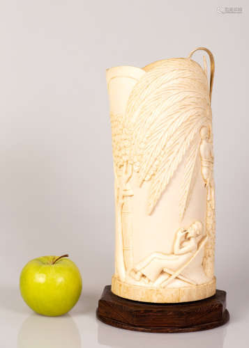 African Bone Tusk Depicting Village People's Life, Converted to a Night Lamp