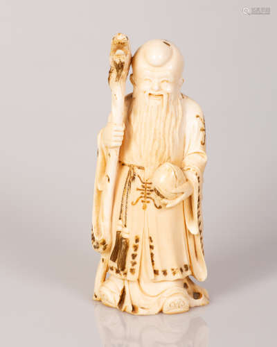 Chinese Bone Sculpture Figure of Shoulau, Immortal God of Longevity