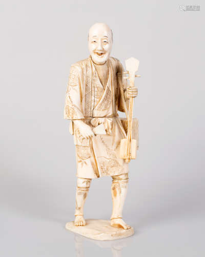Old Japanese OKIMONO Bone Sculpture Music Player Carrying Musical Instrument Figure