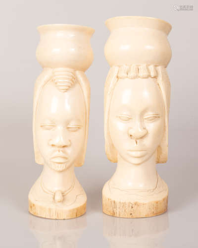 Pair of African Bone Sculptures Man & Woman Figure